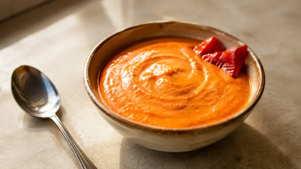 Cremige orange-rote Paprikasauce aus Paprika, Frischkäse, Schalotte und Knoblauch
