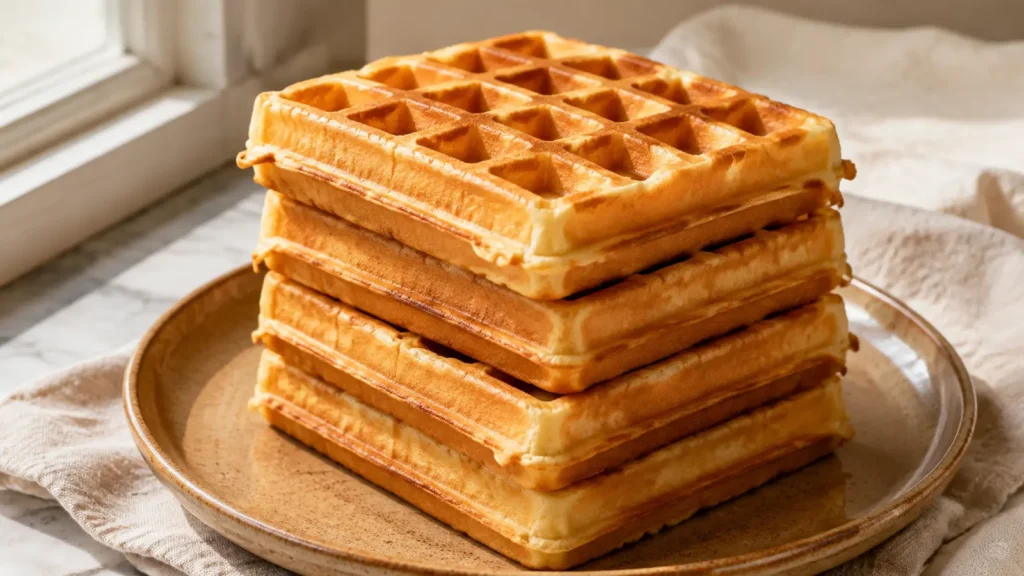 Stapel aus vier goldbraunen Belgischen Waffeln mit tiefem Waffelmuster