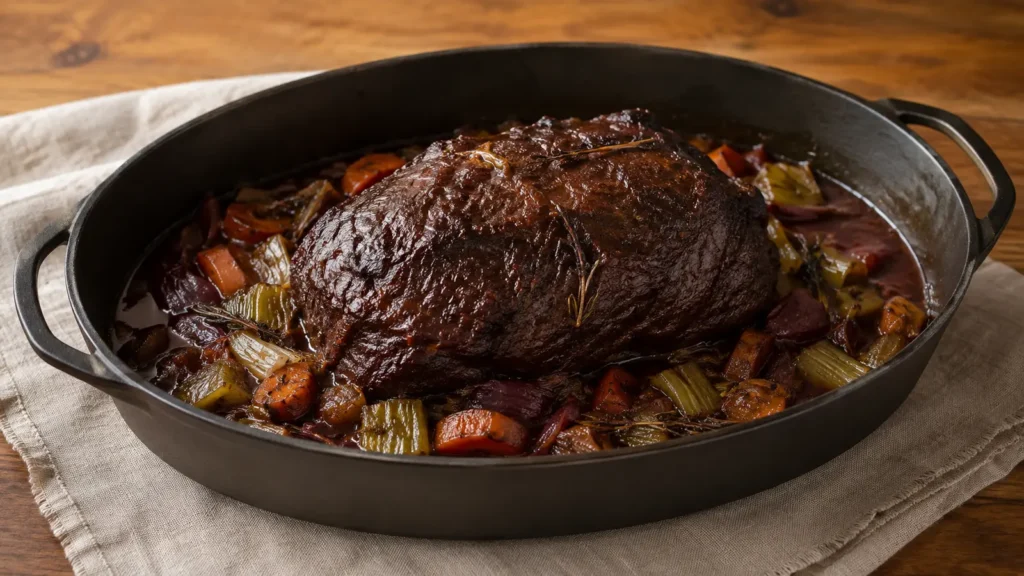 Burgunderbraten vom Rind am Stück im Bräter mit pürierter Rotweinsauce