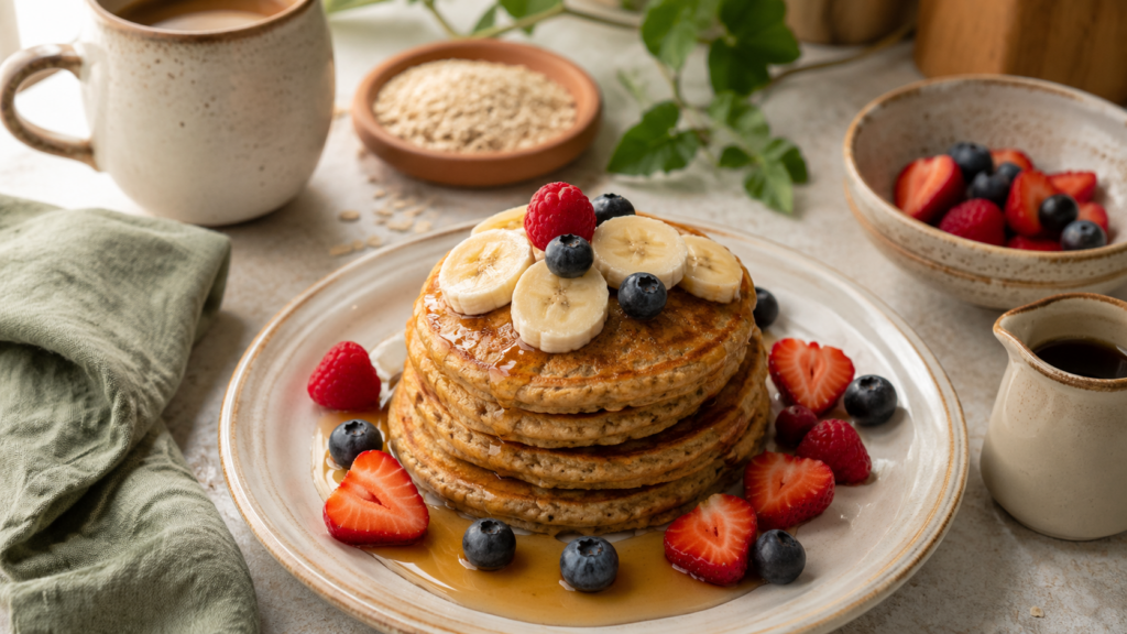 Glutenfreie Hafer-Pancakes servierfertig angerichtet
