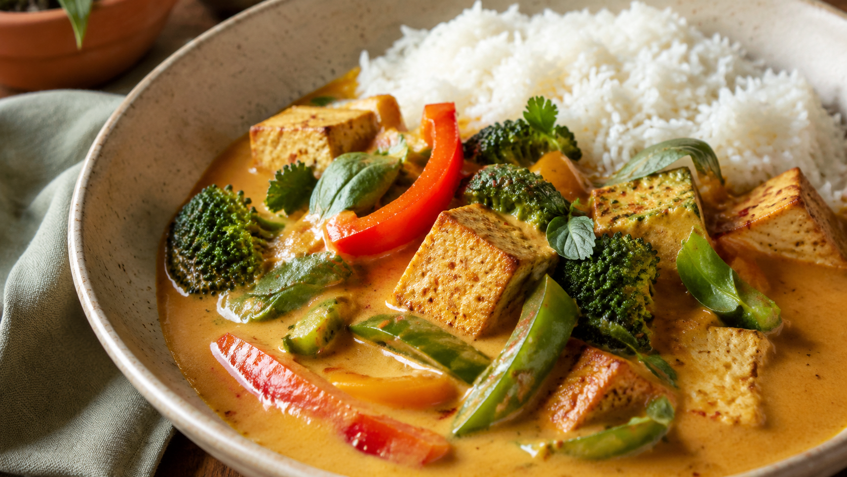 Detailansicht von Cremiges Thai-Curry mit Tofu