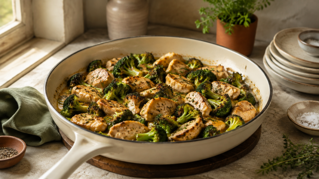 Low-Carb Hähnchen-Brokkoli-Pfanne servierfertig angerichtet