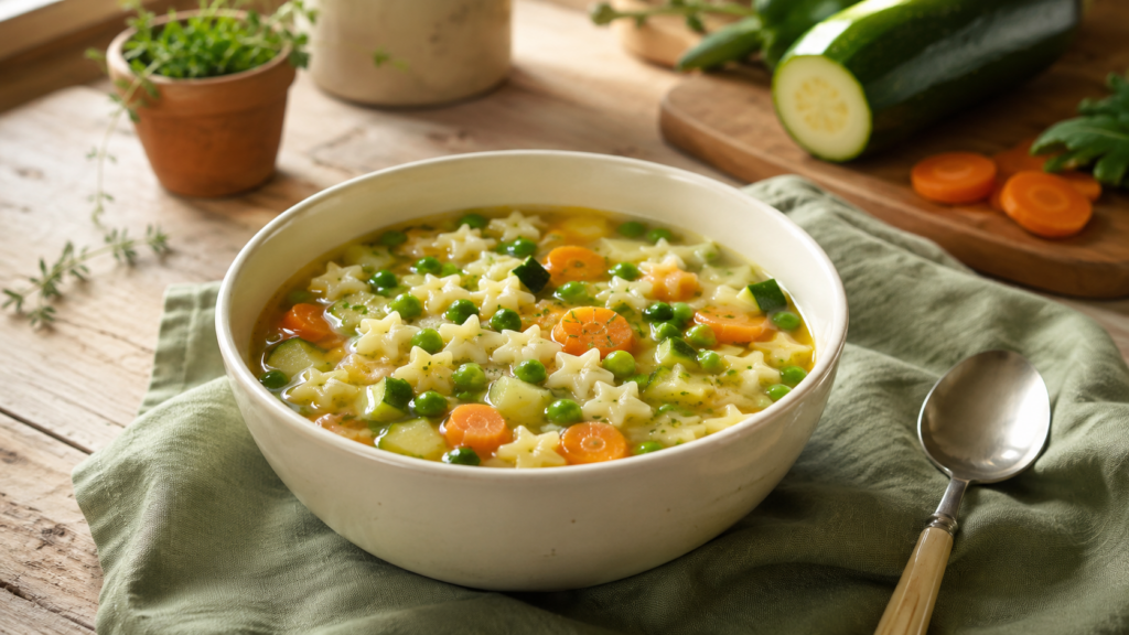 Kinderfreundliche Gemüsesuppe mit Sternnudeln servierfertig angerichtet