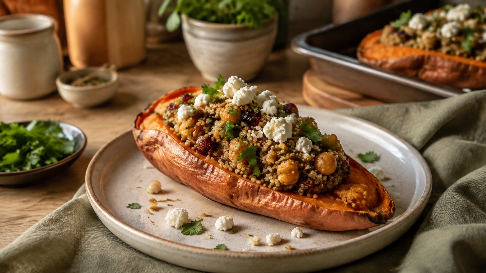 Detailansicht von Ofen-Süßkartoffel mit Quinoa-Füllung