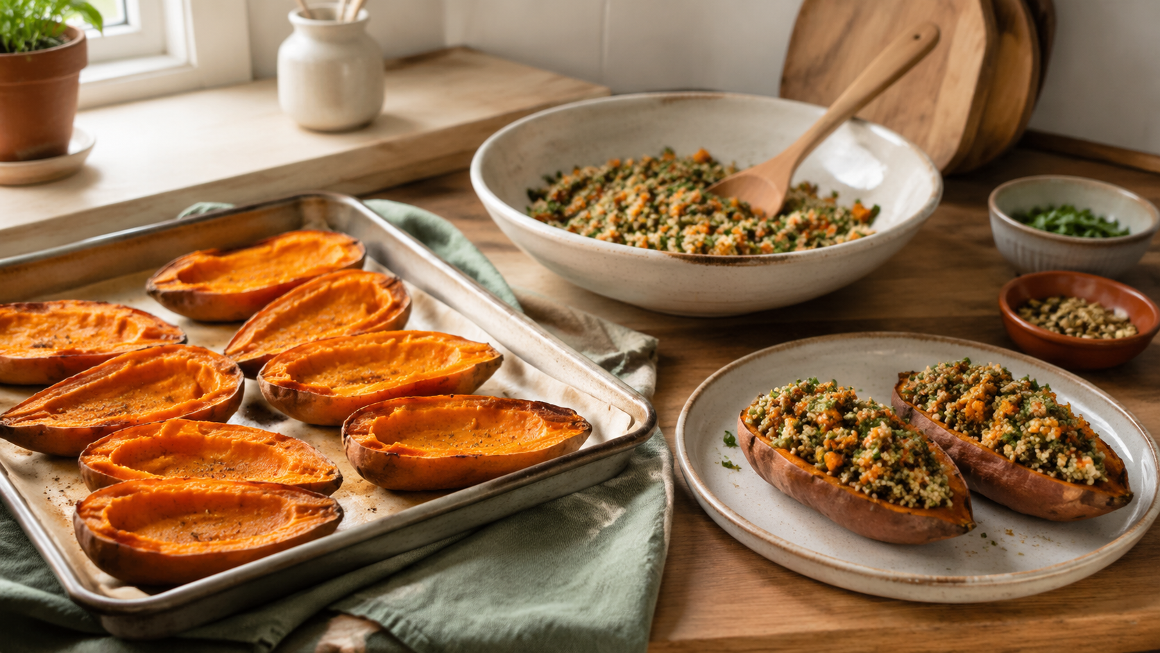 Zubereitung von Ofen-Süßkartoffel mit Quinoa-Füllung