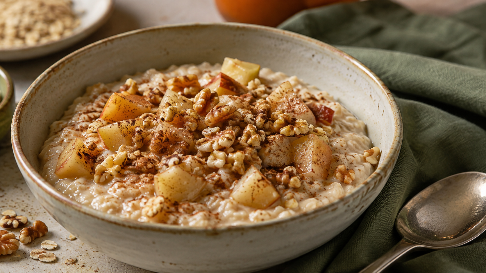 Detailansicht von Apfel-Haferflocken-Porridge
