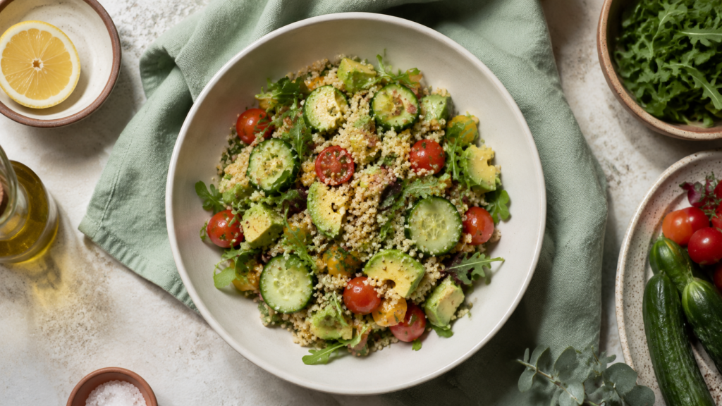 Kalorienarmer Salat mit Quinoa und Avocado servierfertig angerichtet
