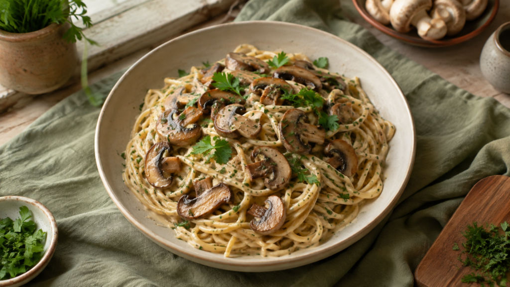 Cremige Champignon-Pasta servierfertig angerichtet