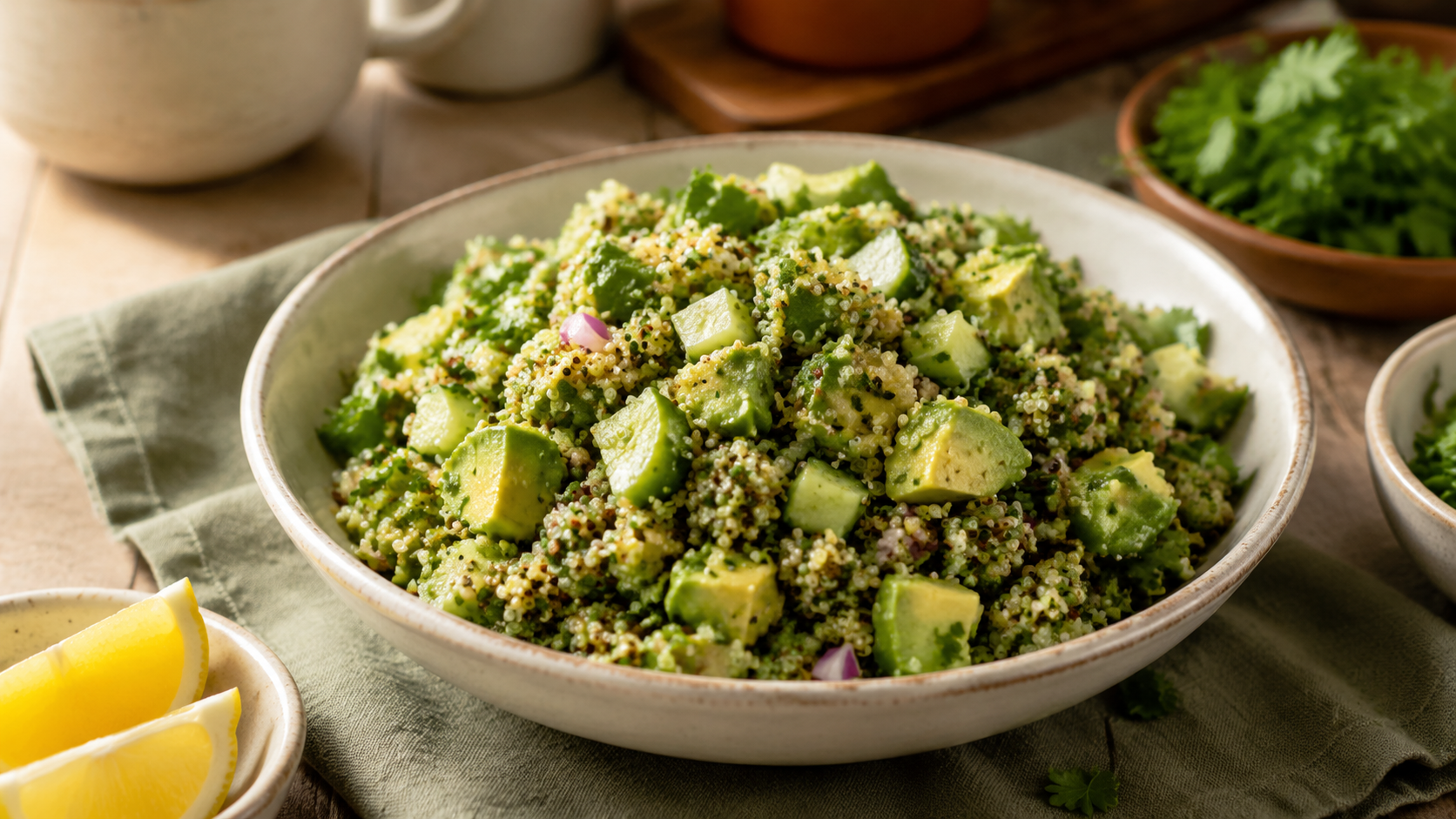 Detailansicht von Kalorienarmer Salat mit Quinoa und Avocado