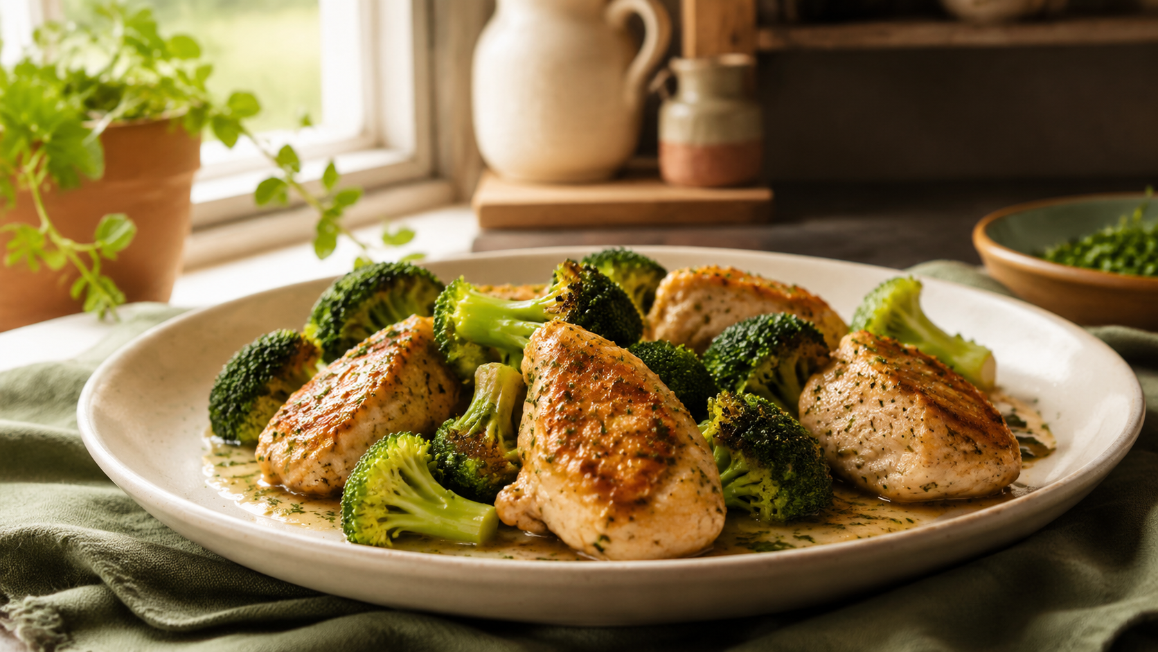 Detailansicht von Low-Carb Hähnchen-Brokkoli-Pfanne