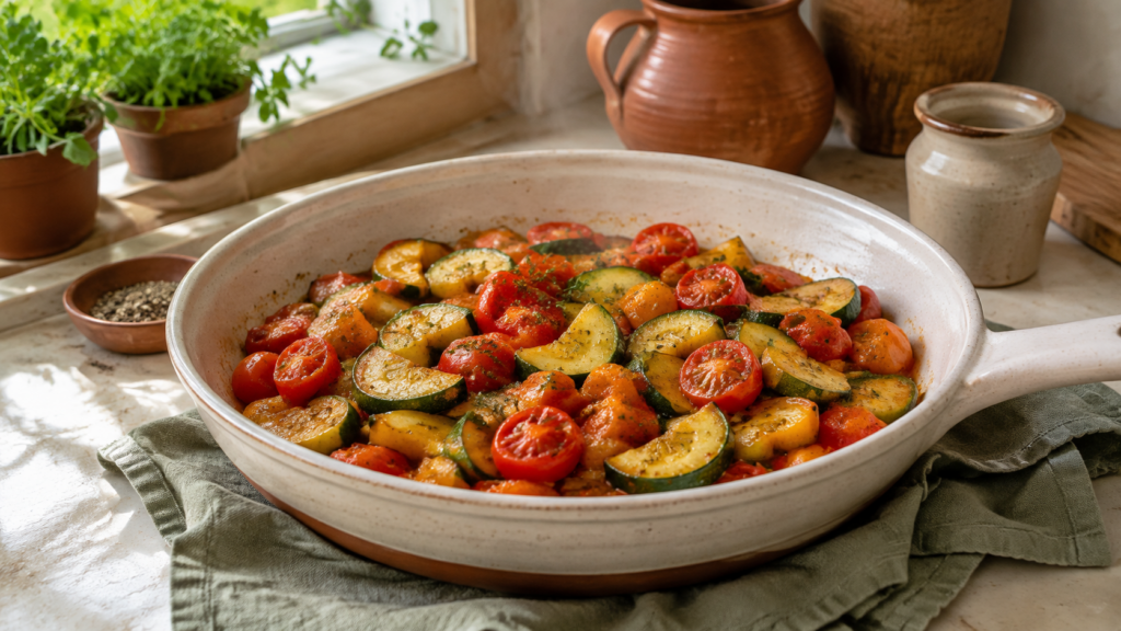 Schnelle Tomaten-Zucchini-Pfanne servierfertig angerichtet