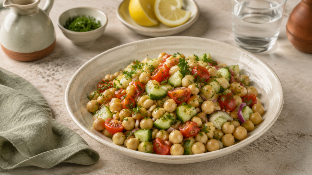 Mediterraner Kichererbsen-Salat servierfertig angerichtet