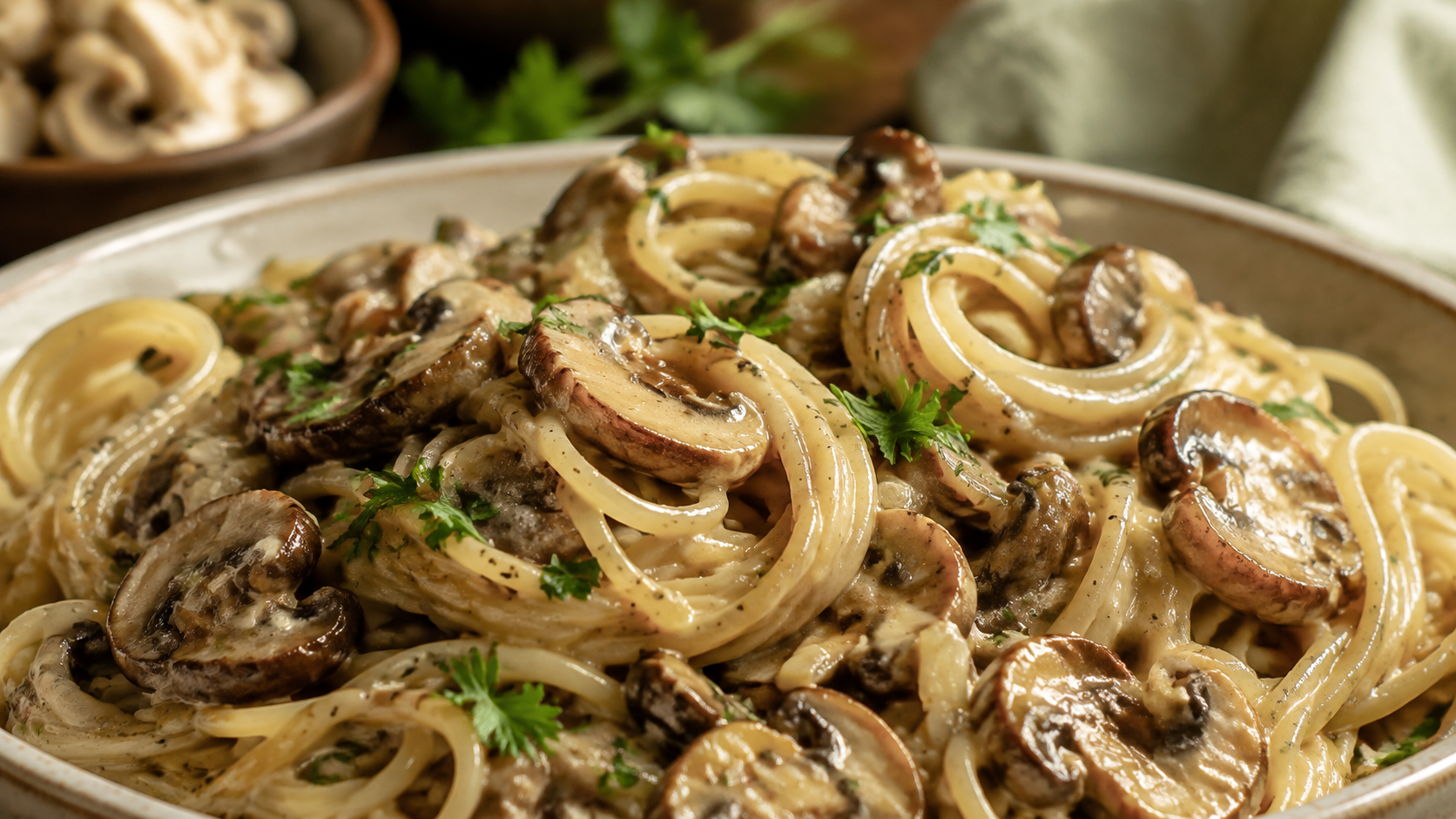 Detailansicht von Cremige Champignon-Pasta