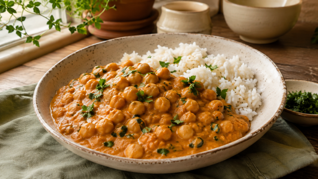 Veganes Kichererbsen-Curry mit Reis servierfertig angerichtet