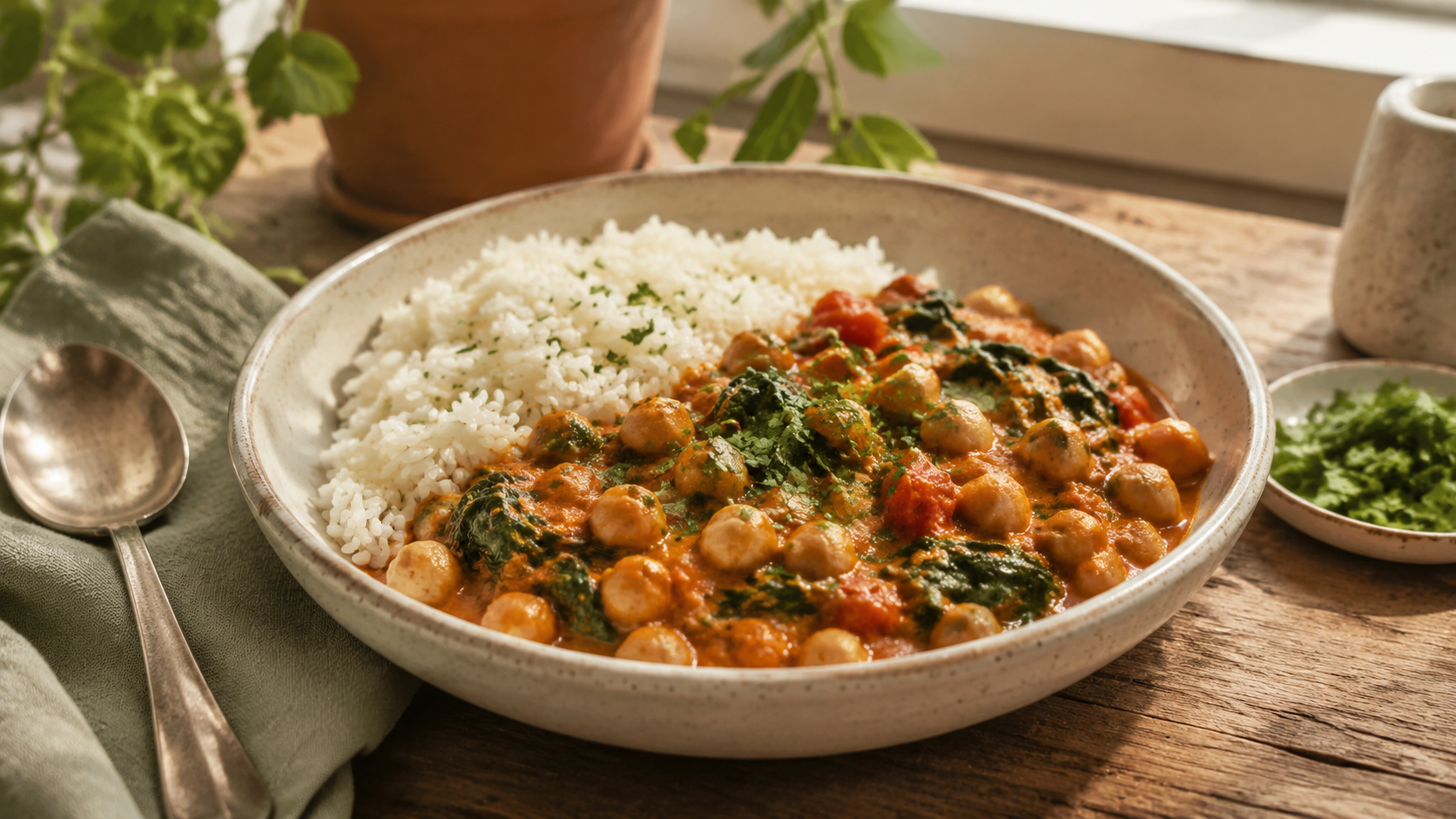 Detailansicht von Veganes Kichererbsen-Curry mit Reis