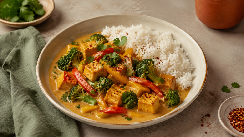 Cremiges Thai-Curry mit Tofu servierfertig angerichtet