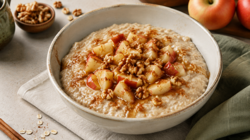 Apfel-Haferflocken-Porridge servierfertig angerichtet