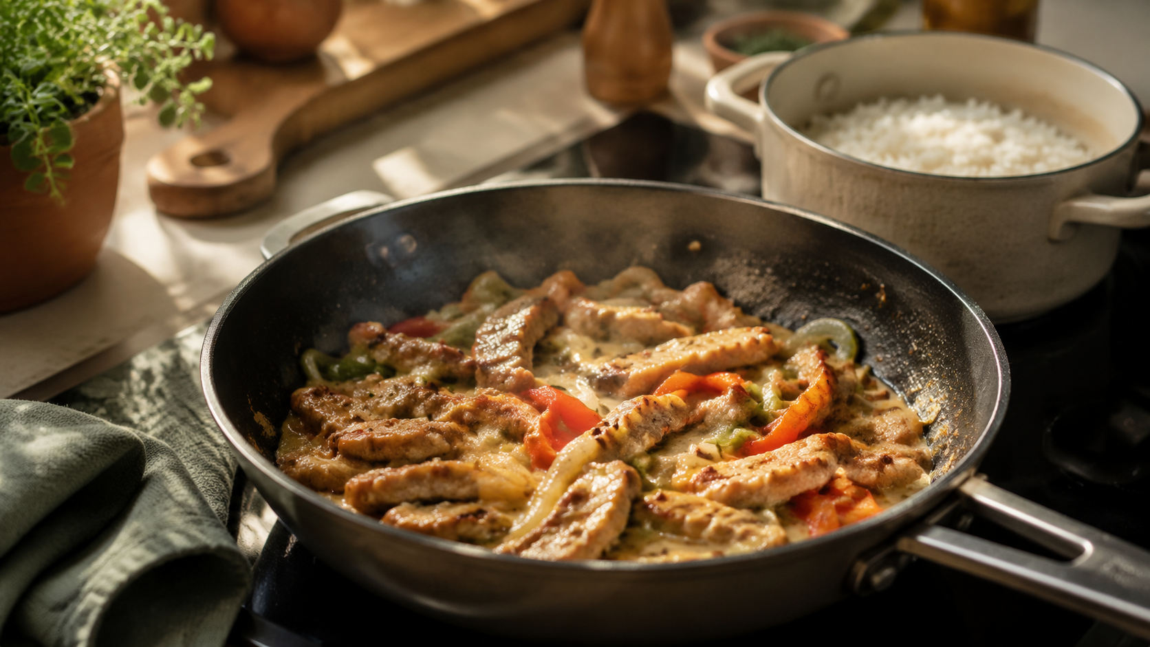 Zubereitung von Familien-Schweinegeschnetzeltes mit Reis