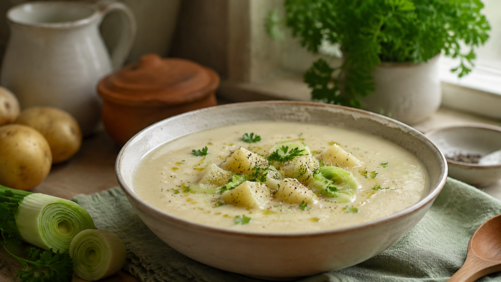 Laktosefreie Kartoffelsuppe servierfertig angerichtet