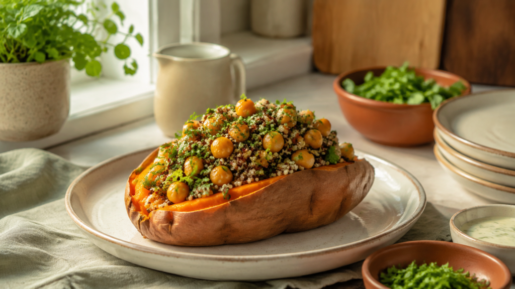 Ofen-Süßkartoffel mit Quinoa-Füllung servierfertig angerichtet