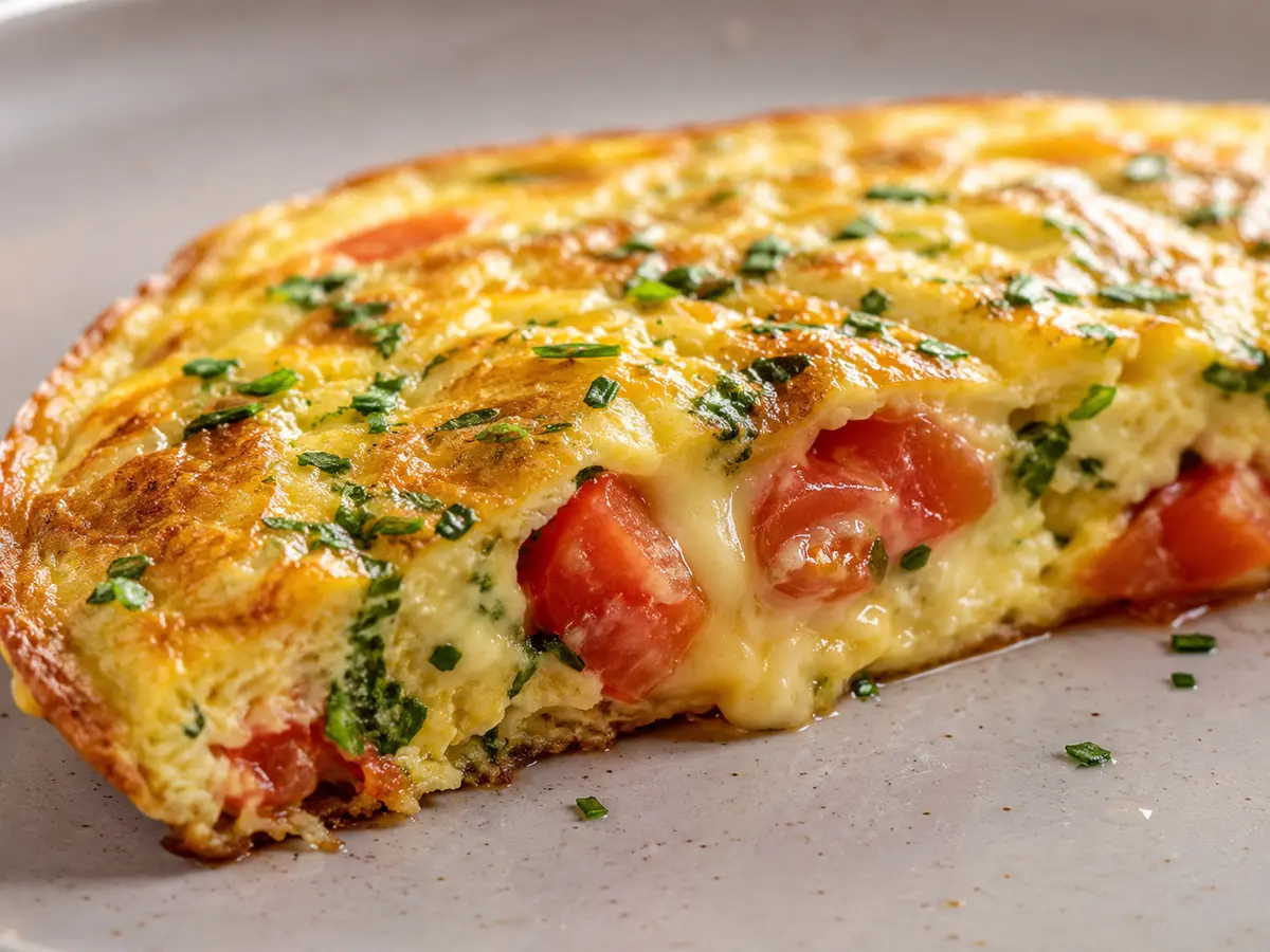Detailansicht von Omelett mit Käse und Tomaten