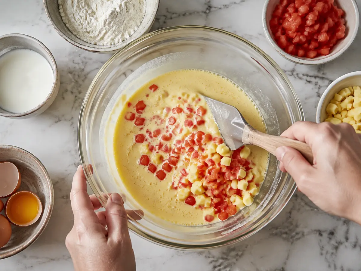 Zubereitung von Omelett mit Käse und Tomaten