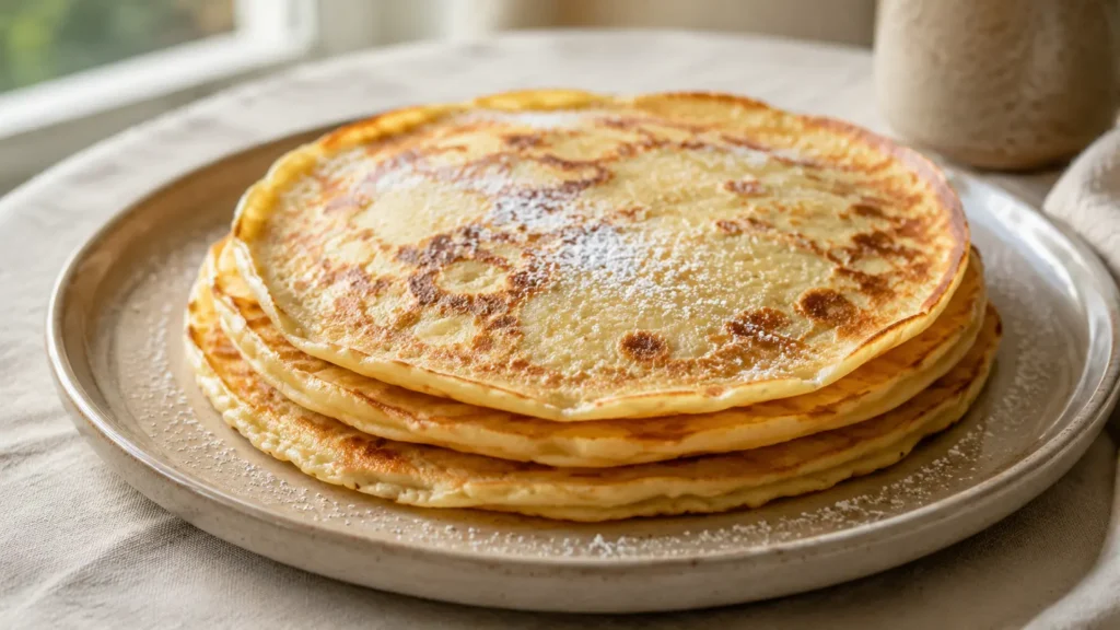 Stapel dünner goldbrauner Pfannkuchen mit einer leichten Schicht Puderzucker