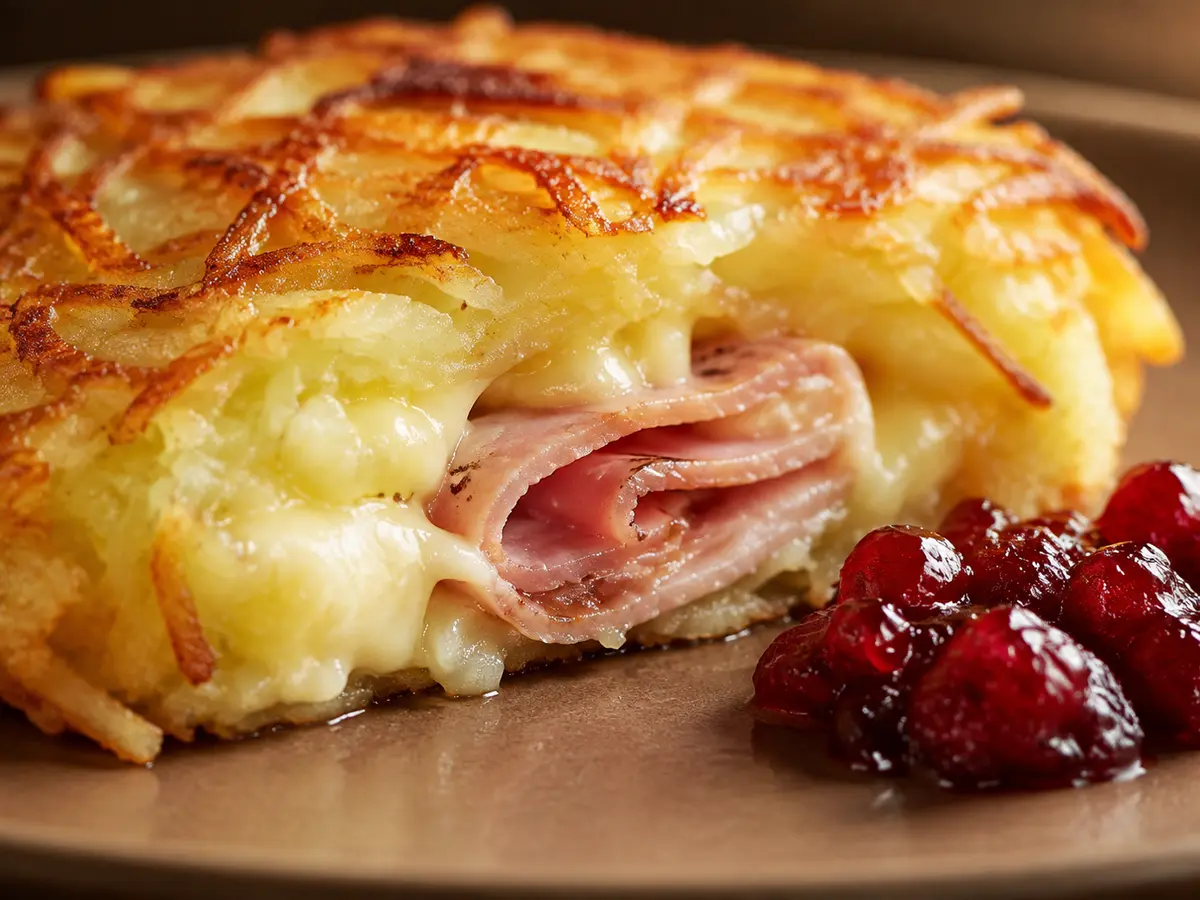 Detailansicht von Schinken-Camembert-Rösti mit Preiselbeeren