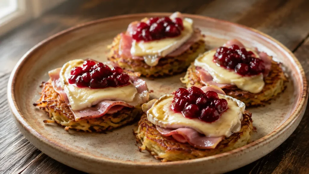 Goldene Kartoffel-Rösti mit Kochschinken, geschmolzenem Camembert und Preiselbeeren