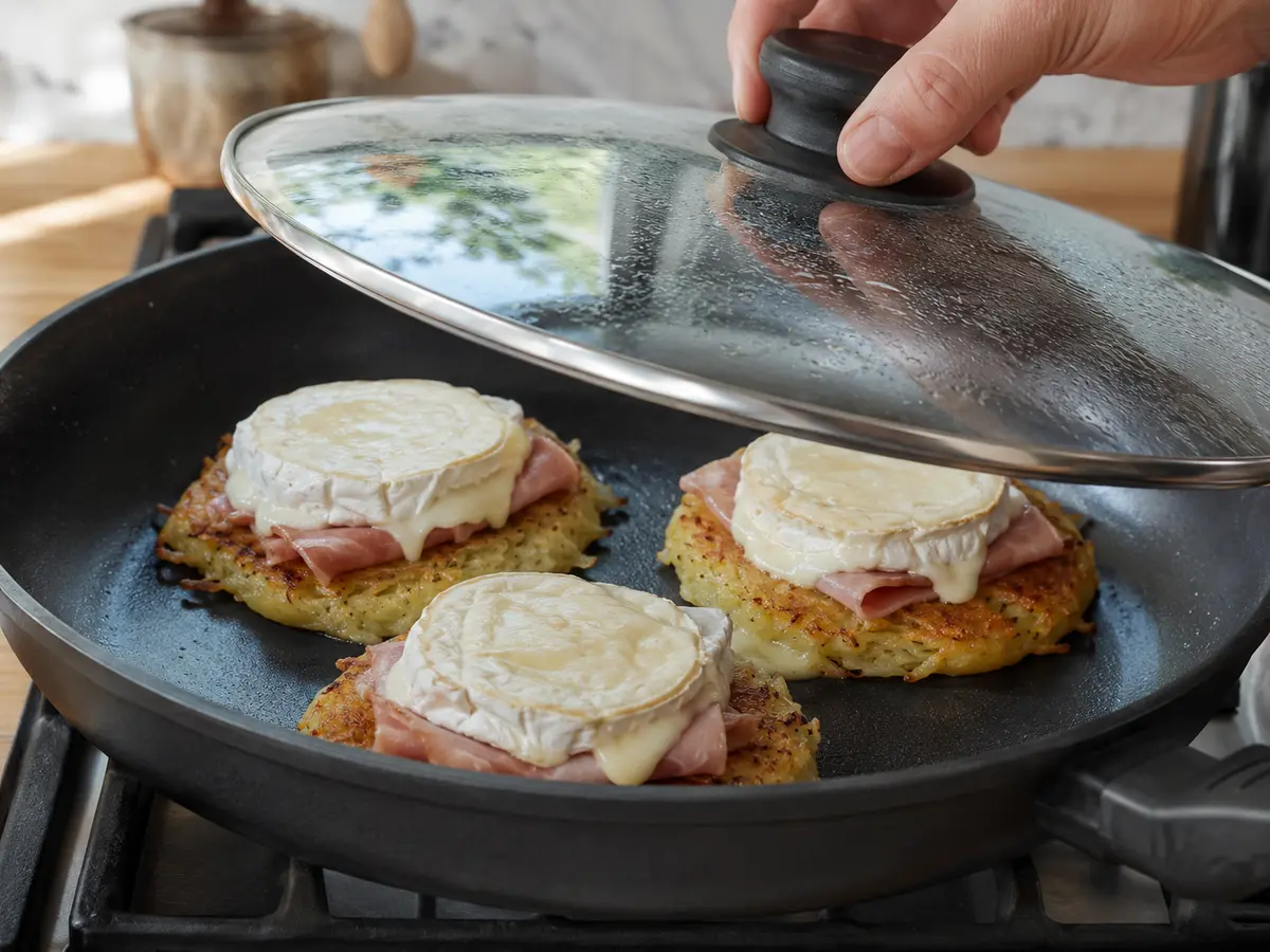 Zubereitung von Schinken-Camembert-Rösti mit Preiselbeeren