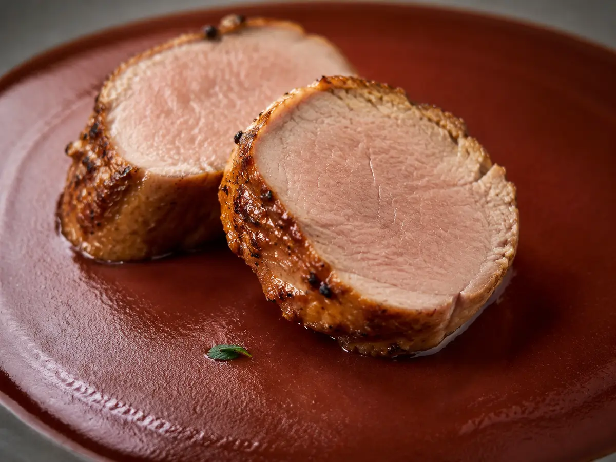 Detailansicht von Schweinefilet in Rotwein-Wurzelgemüse-Sauce