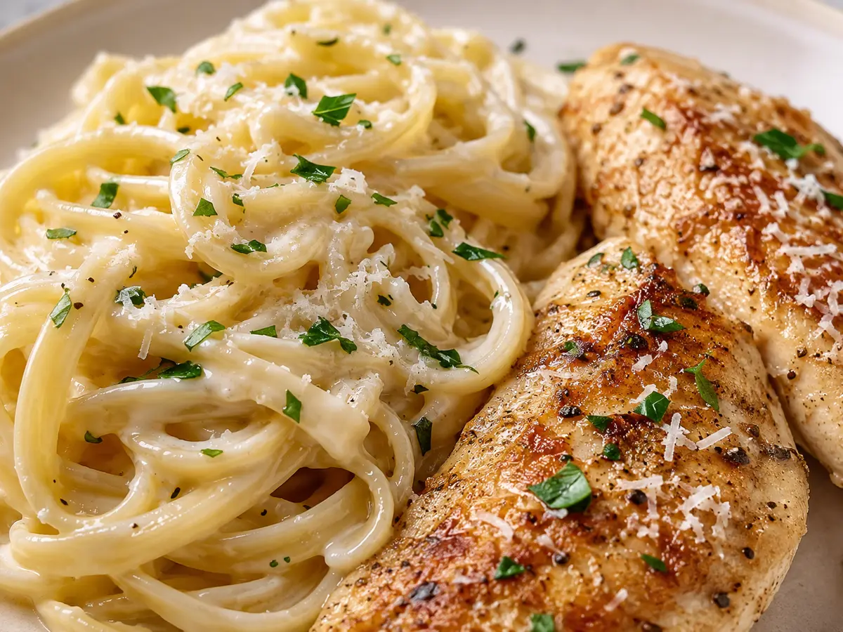 Detailansicht von Spaghetti-Hähnchen in Parmesan-Knoblauchsauce „Spaghetti Alfredo“