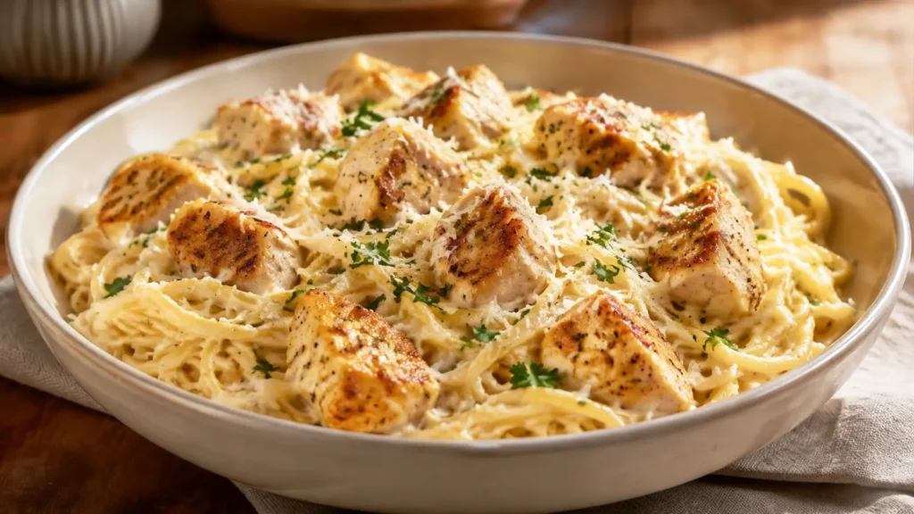 Cremige Spaghetti Alfredo mit gebratenem Hähnchen und Parmesan in einer Schale