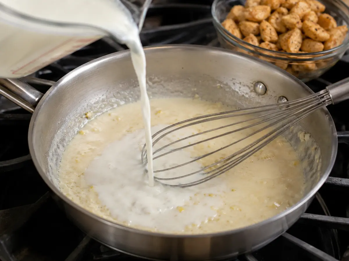 Zubereitung von Spaghetti-Hähnchen in Parmesan-Knoblauchsauce „Spaghetti Alfredo“