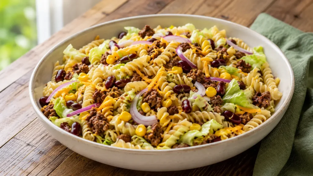 Taco Pasta Salat mit Fusilli, Hackfleisch, Kidneybohnen, Mais, Cheddar und Eisbergsalat