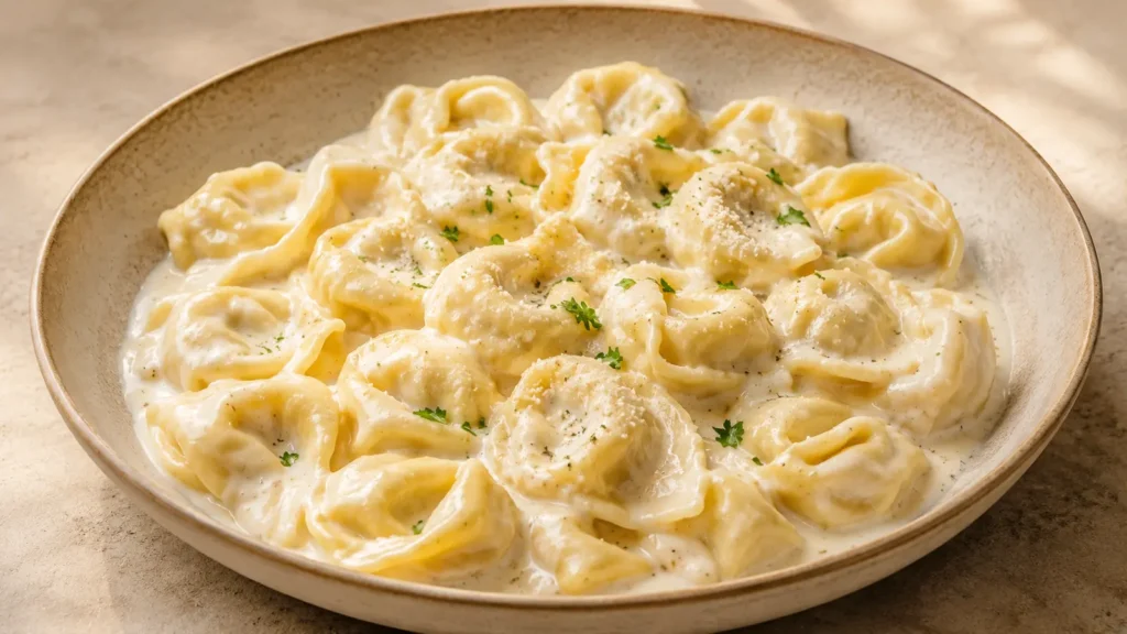 Tortellini alla Panna in cremiger Parmesan-Knoblauchsauce mit Petersilie