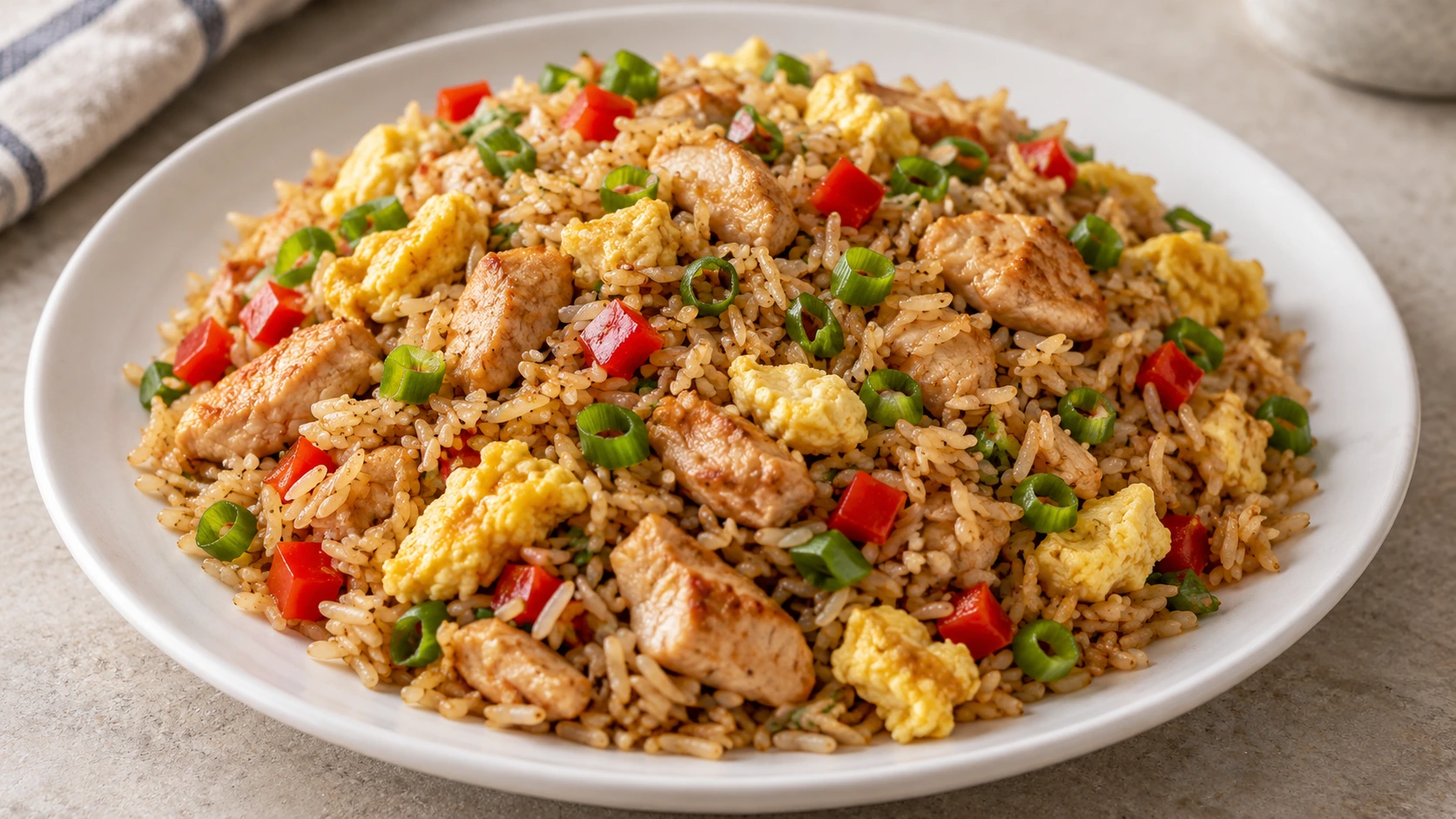 Arroz Chaufa mit Hähnchen, Ei, Paprika und Lauchzwiebeln